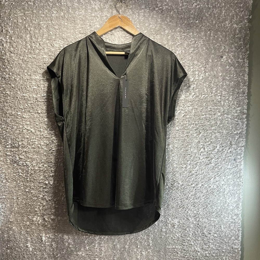 Tahari Women Satin Green Blouse Top Cap Sleeve Classic Preppy Large NWT